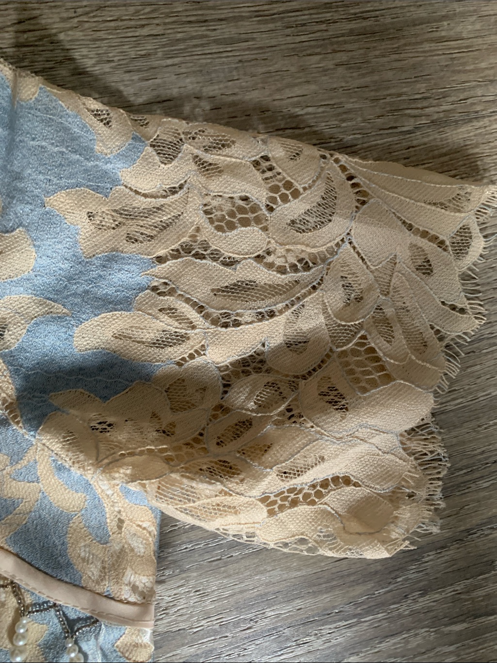 Embroidered Pale Blue Midi Dress With Gold Lace Accents — image 6 of 8